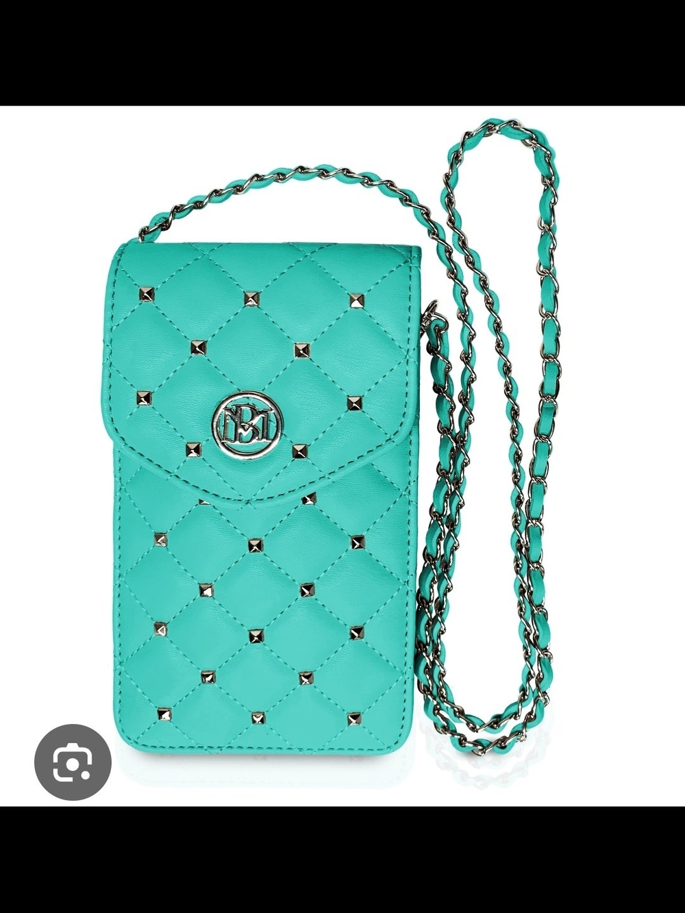 Badgley Mischka Quilted Turquoise Crossbody Phone Bag with Chain & Card Slots.